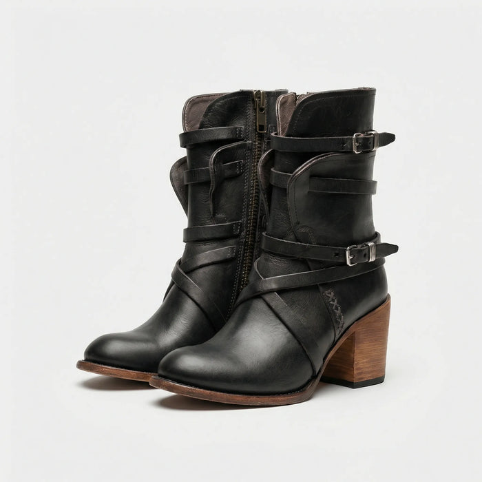 Women's Ankle Boots with Block Heel and Buckle Straps