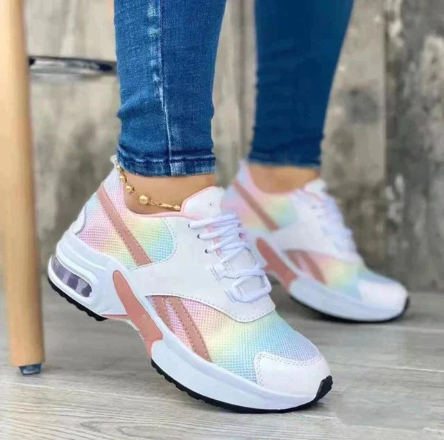 Women's Air Cushion Sneakers Iridescent Rainbow Lace-Up