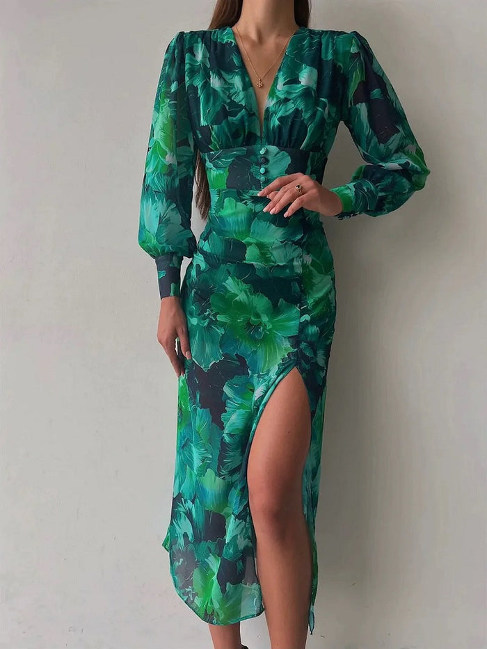 Women's Floral Midi Dress with Long Sleeves and Side Slit