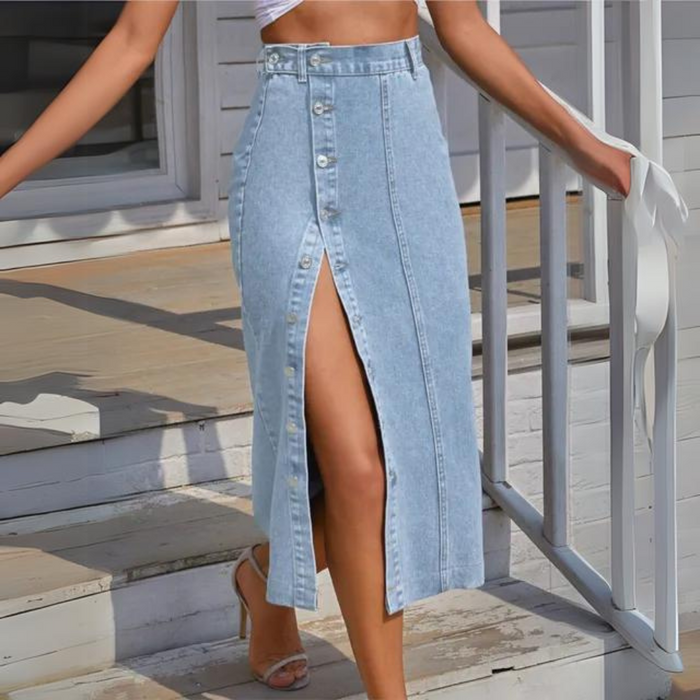 Women's Button-Front Midi Denim Skirt with Slit
