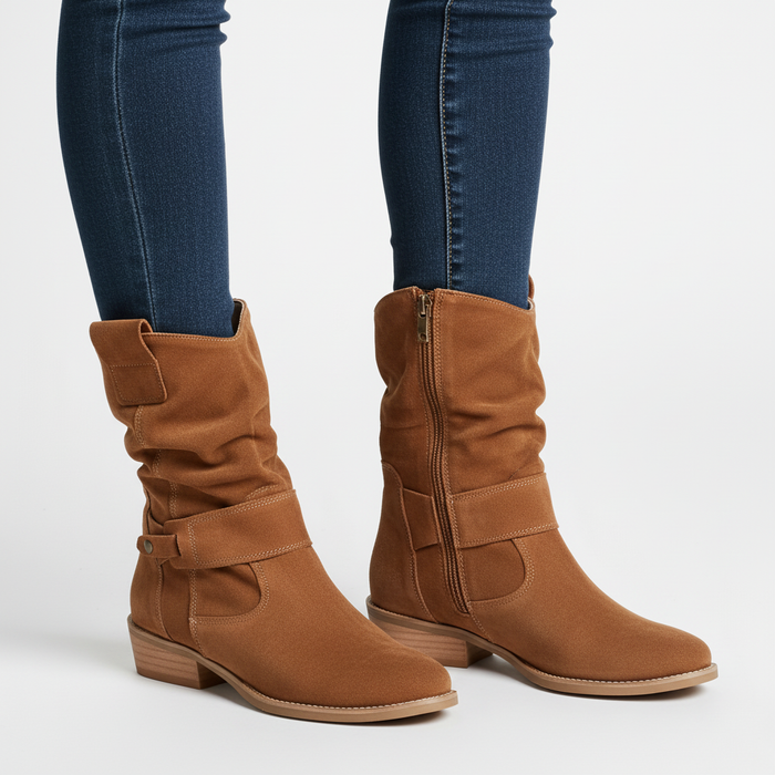 Women's Slouch Ankle Boots with Low Heel Side Zip
