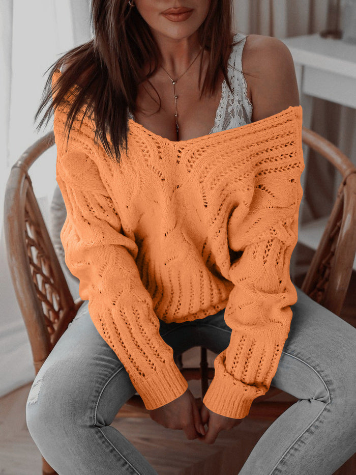 Women's Cable-Knit V-Neck Sweater with Off-Shoulder Sleeves