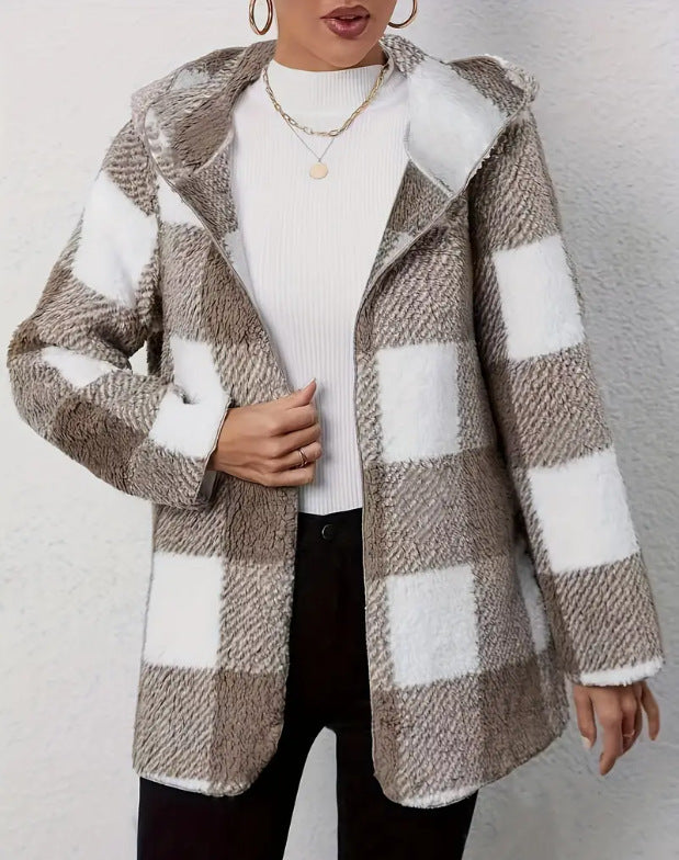 Women's Hooded Teddy Coat with Checkered Pattern