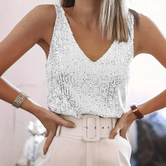 Women's Sequin Tank Top V-Neck Sleeveless for Party