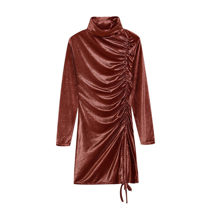 Women's Ruched Turtleneck Mini Dress Long Sleeve