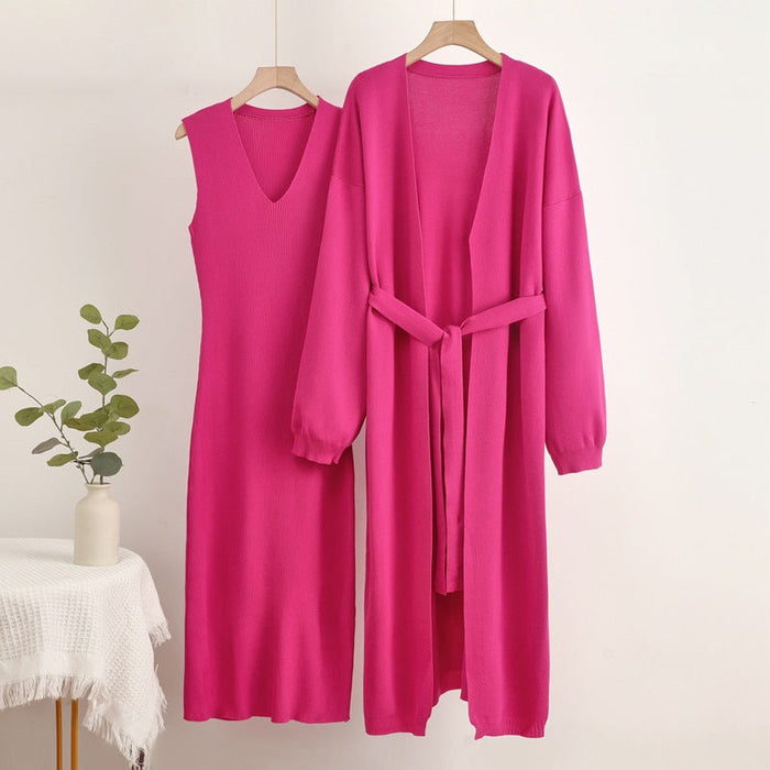 Women's Sleeveless Dress and Cardigan Set with V-Neck