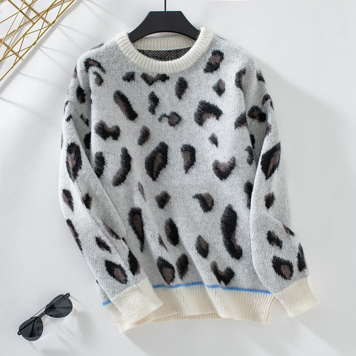 Women's Leopard Print Crew Neck Sweater Long Sleeve