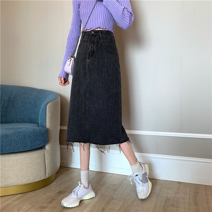 Women's Midi Length A-Line Denim Skirt with Button Fly