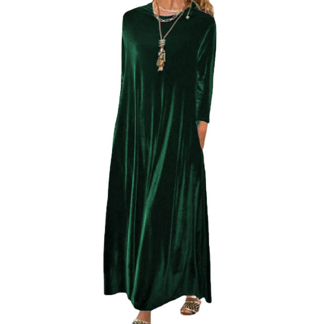 Women's Velvet Maxi Dress with Round Neck and Long Sleeves