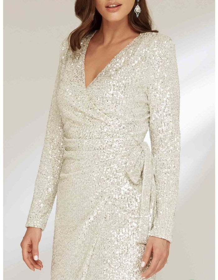 Women's Sequin Wrap Midi Dress with Long Sleeves