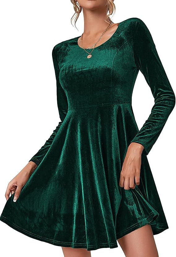 Women's Long Sleeve Velvet Fit and Flare Dress