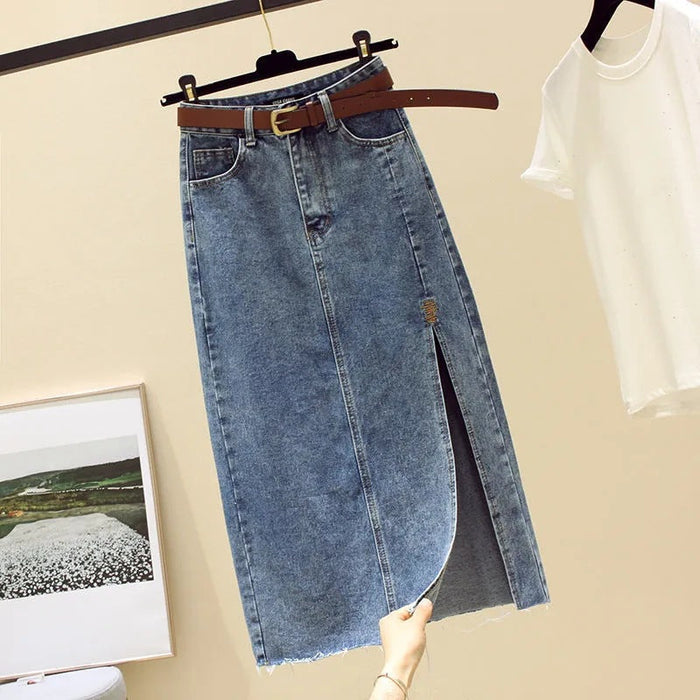 Women's Maxi Denim Skirt with Front Slit and Belt
