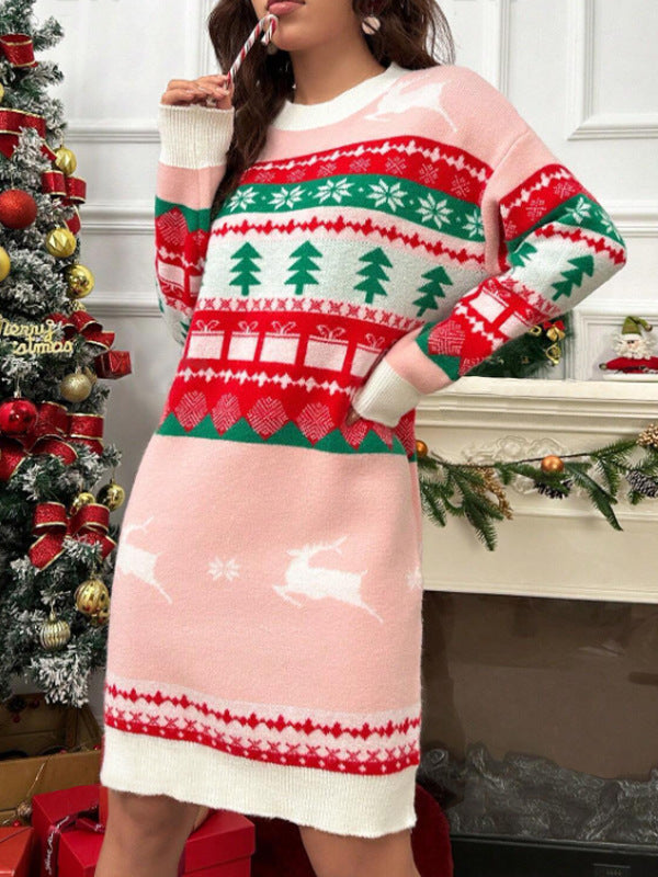 Women's Christmas Sweater Dress with Fair Isle Print