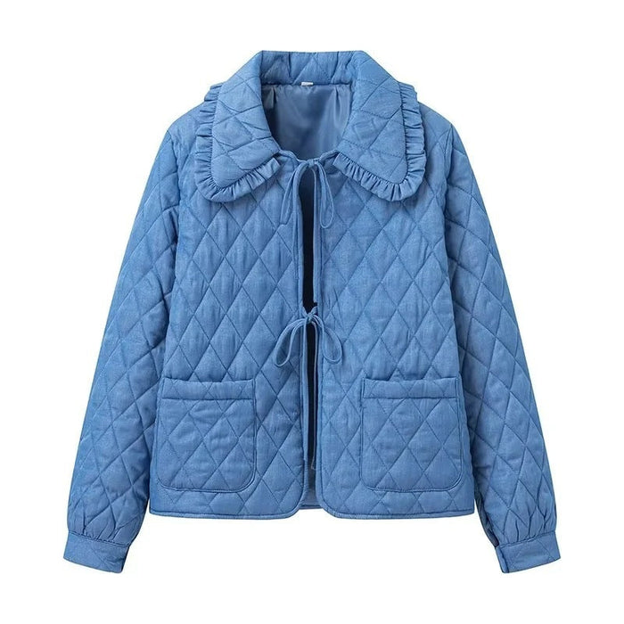 Women's Quilted Jacket with Ruffle Collar and Tie Front