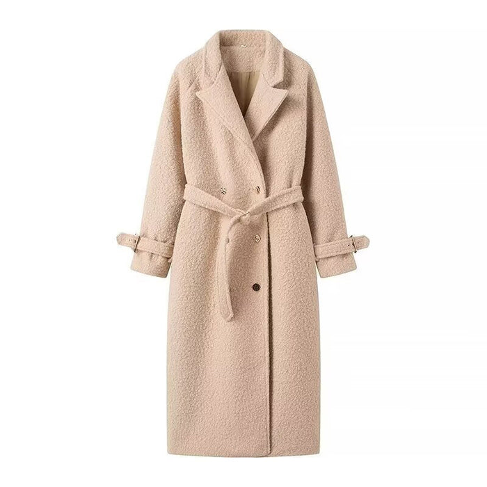 Women's Belted Lapel Coat Double-Breasted Long Style