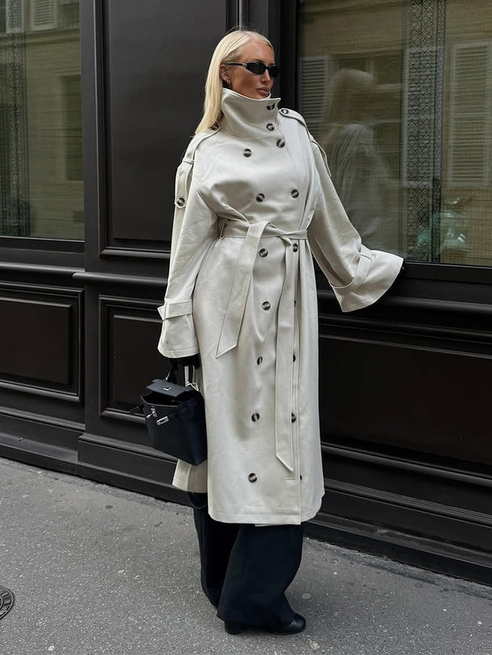 Women's Belted Trench Coat with High Collar