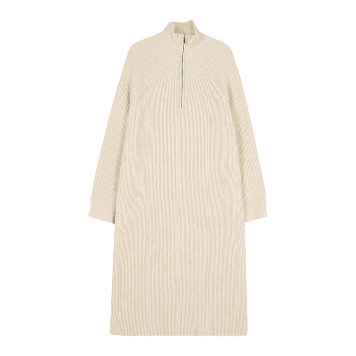Women's Ribbed Midi Sweater Dress with Quarter-Zip Collar