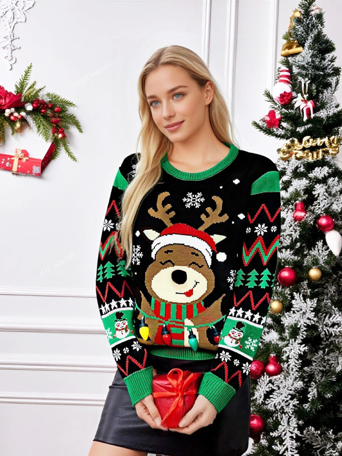 Women's Reindeer Christmas Sweater with Festive Knit Pattern