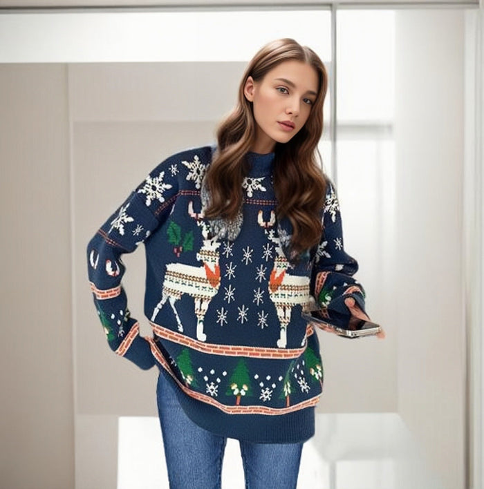 Women's Christmas Sweater Reindeer Tree Snowflake Turtleneck