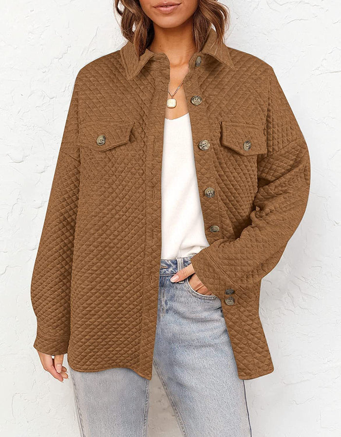 Women's Quilted Shirt Jacket Button-Front with Patch Pockets