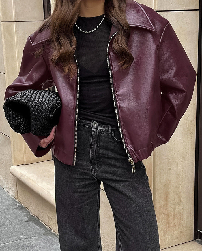 Women's Cropped Biker Jacket with Notch Collar