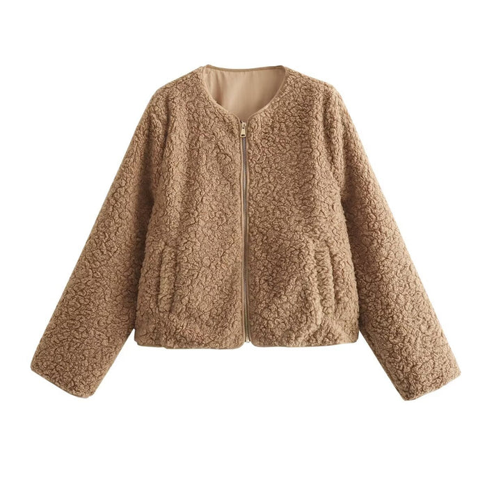 Damen kuschelige Teddyjacke mit Reißverschluss und praktischen Taschen Drune