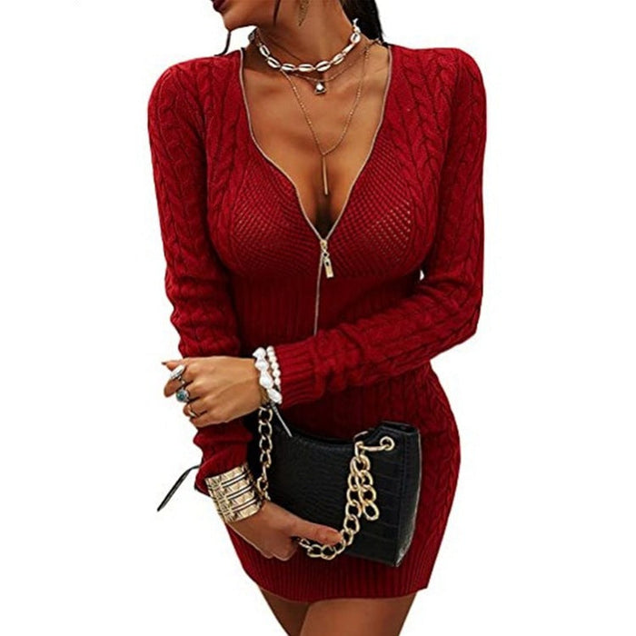 Women's V-Neck Mini Sweater Dress with Front Zipper