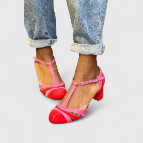 Women's Color Block T-Strap Heels with Ankle Strap