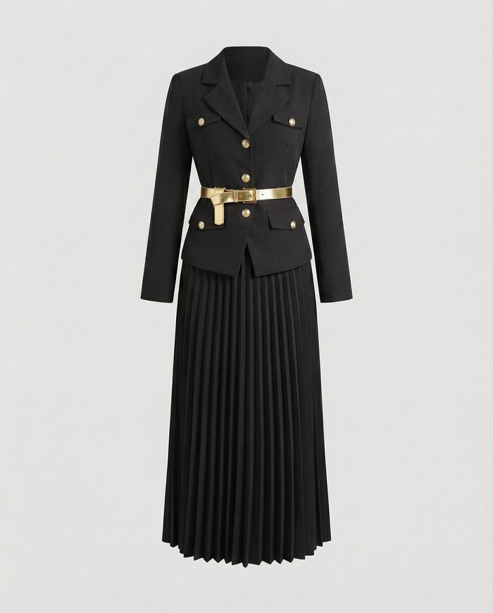 Women's Tailored Blazer Set with Pleated Midi Skirt