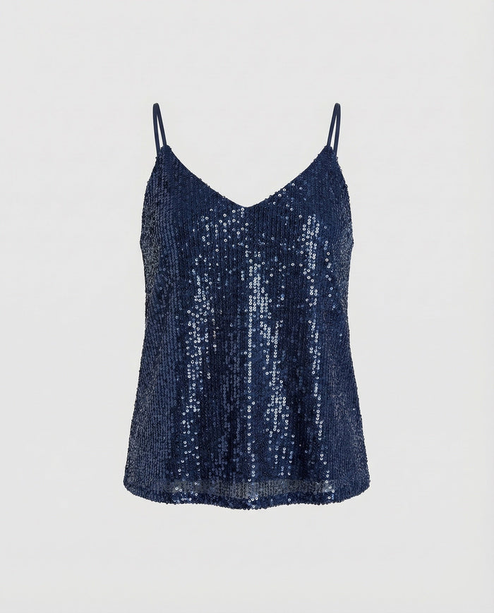 Women's Sequin Cami Top with V-Neck and Spaghetti Straps