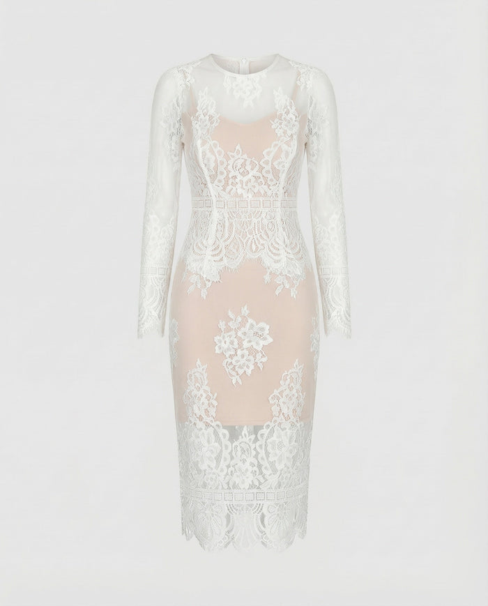 Women's Lace Illusion Bodycon Midi Dress Long Sleeve