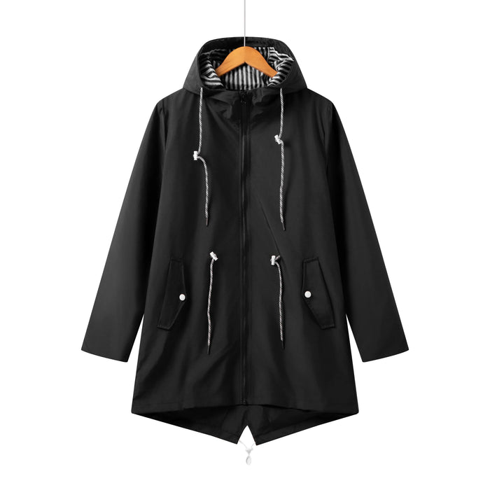 Women's Hooded Raincoat with Drawstring and Zip Closure