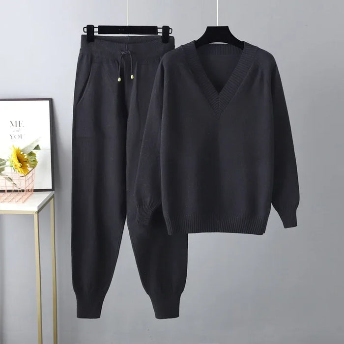 Women's V-Neck Sweater and Trousers Set Drawstring Waist