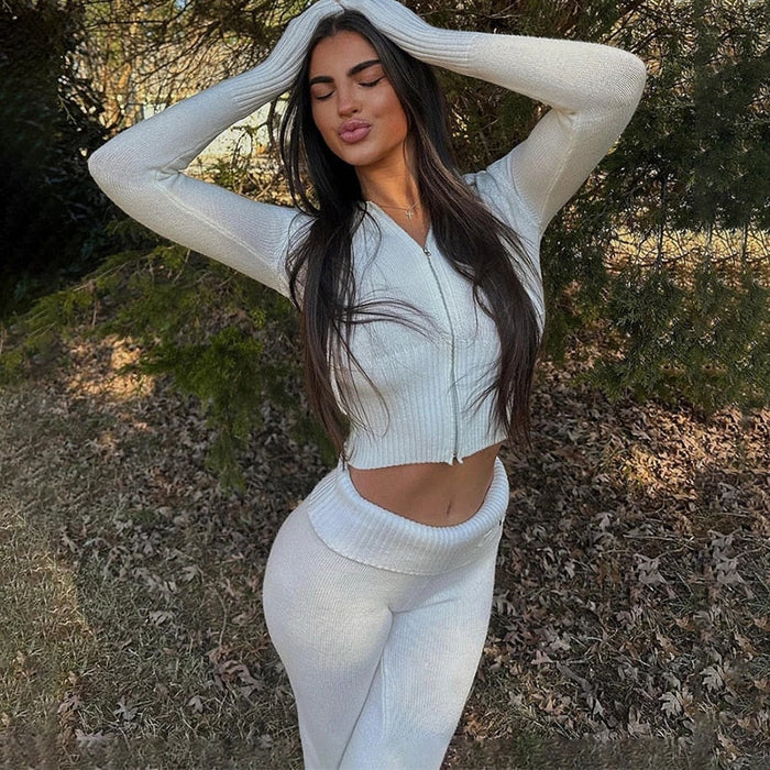 Women's Cropped Zip-Up Hoodie and Flared Pants Set