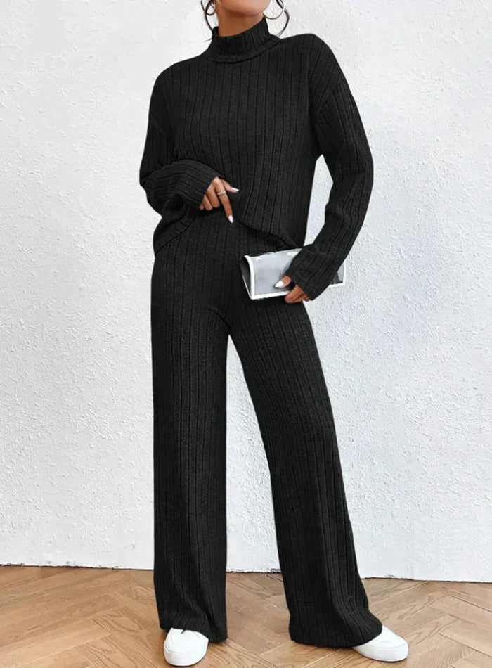 Women's Ribbed Turtleneck Sweater and Wide-Leg Pants Set