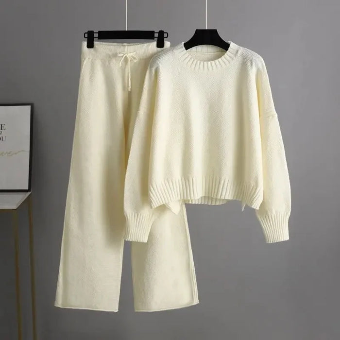 Women's Knit Sweater Set with Drawstring Wide-Leg Pants