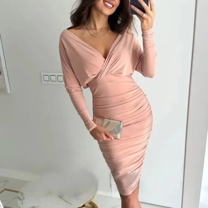 Women's Wrap Bodycon Dress Long Sleeve V-Neck Ruched