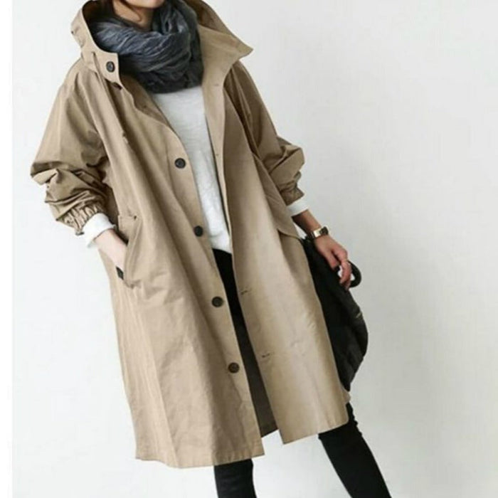 Women's Hooded Button-Front Trench Coat Water-Resistant