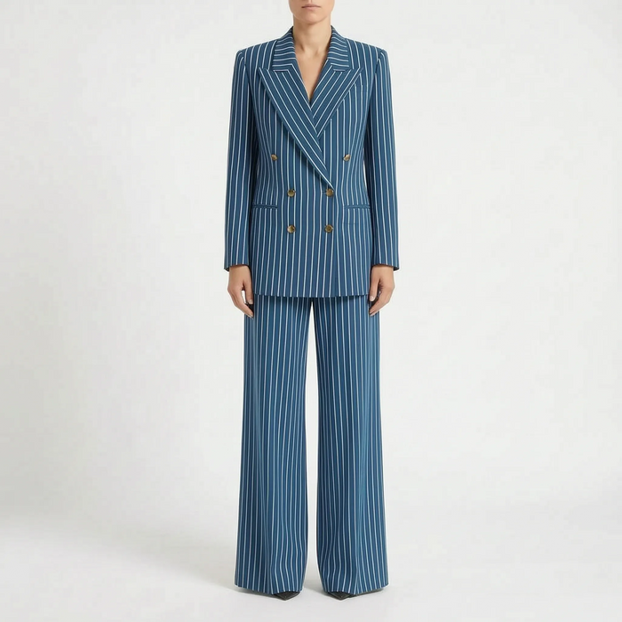 Women's Striped Double-Breasted Pant Suit Wide-Leg
