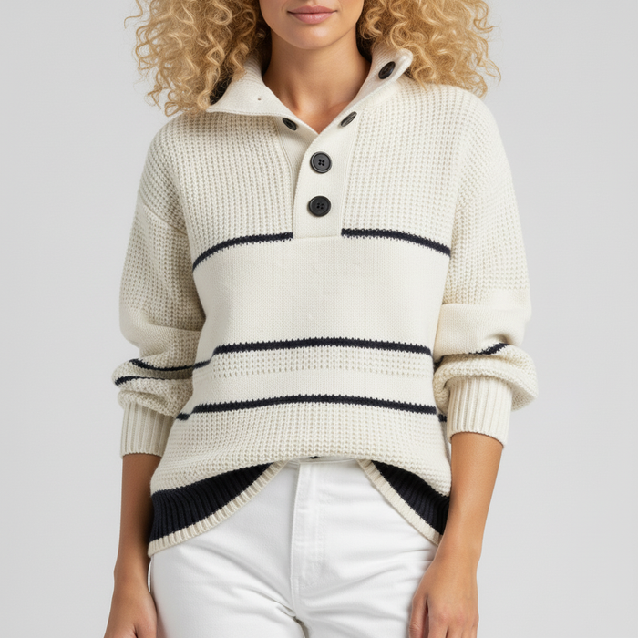 Women's Striped Collared Sweater with Button Placket