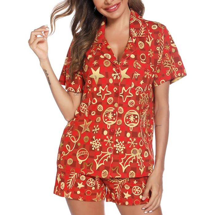 Women's Christmas Pajama Set Short Sleeve Button-Up