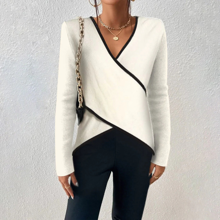 Women's Wrap-Front V-Neck Sweater Contrast Trim