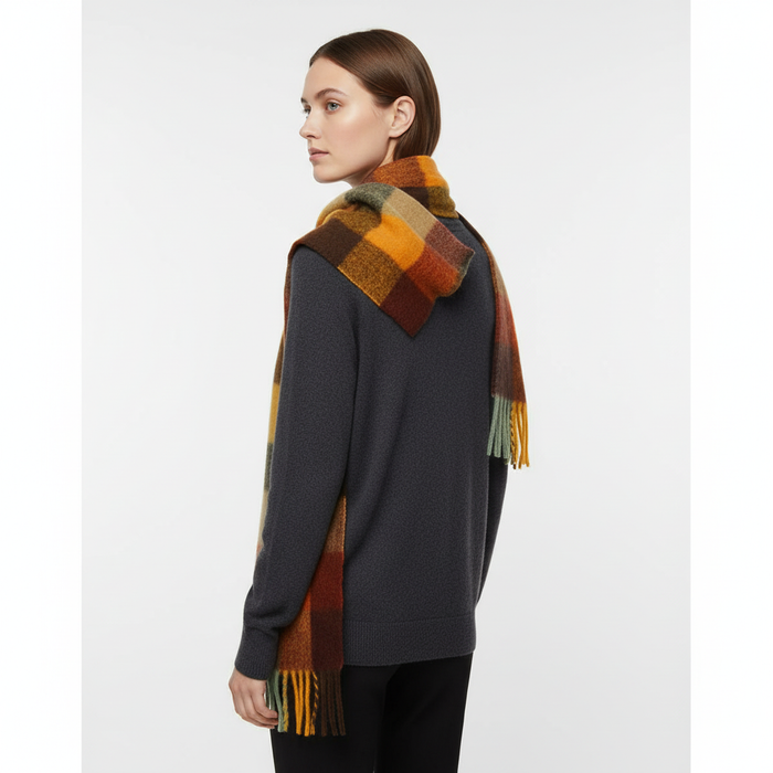 Women's Colorblock Check Scarf with Fringe Trim