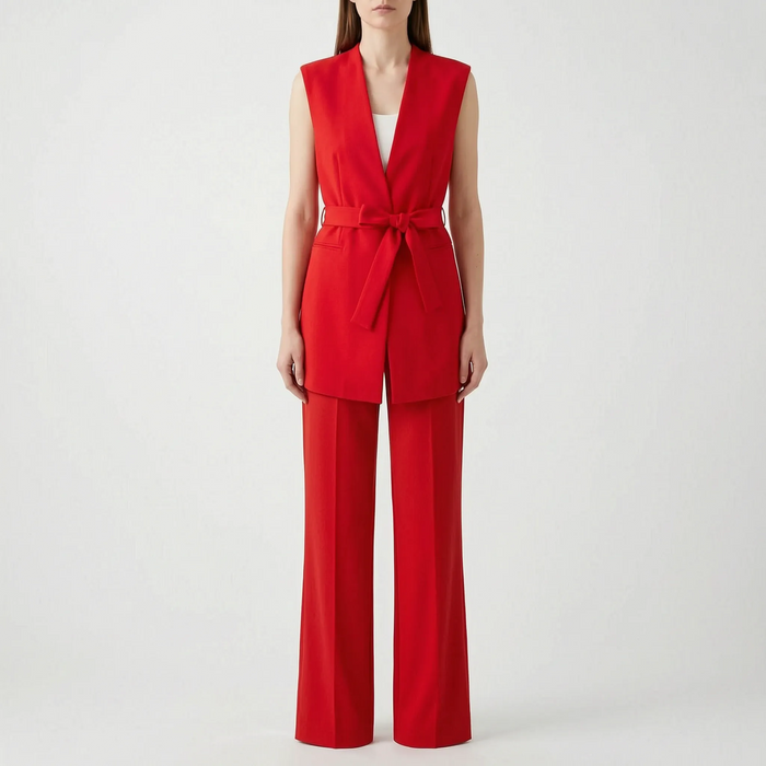 Women's Wide Leg Pant Suit Sleeveless Wrap Top Tie Waist