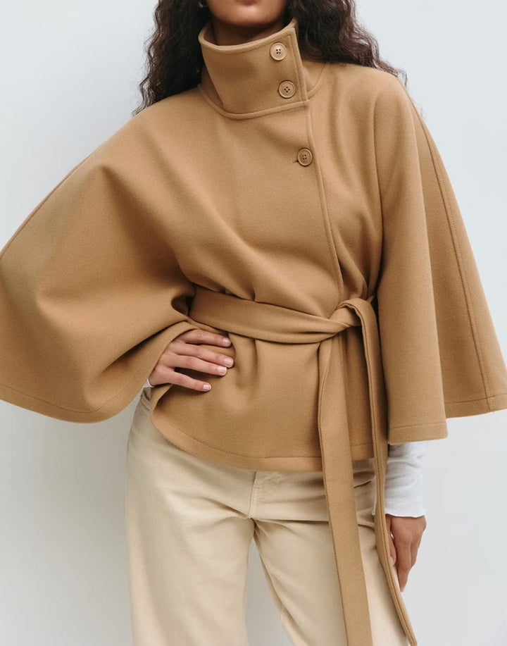 Batwing Sleeve High Neck Coat with Belt, Loose Winter Trench