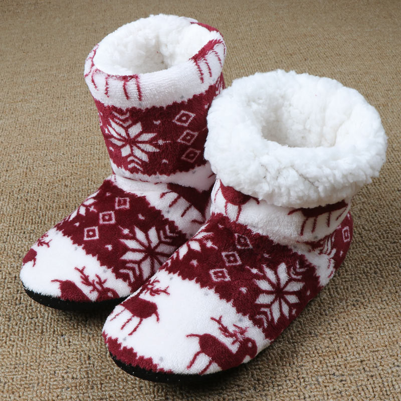 Christmas Elk Floor Sock Slippers in Coral Fleece