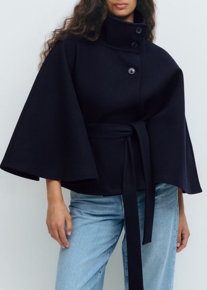 Batwing Sleeve High Neck Coat with Belt, Loose Winter Trench