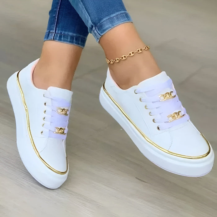Women's Slip-On Sneakers with Gold Trim and Lace Detail