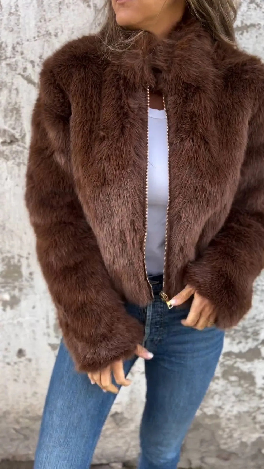 Plush fleece jacket with a stand collar and zip front