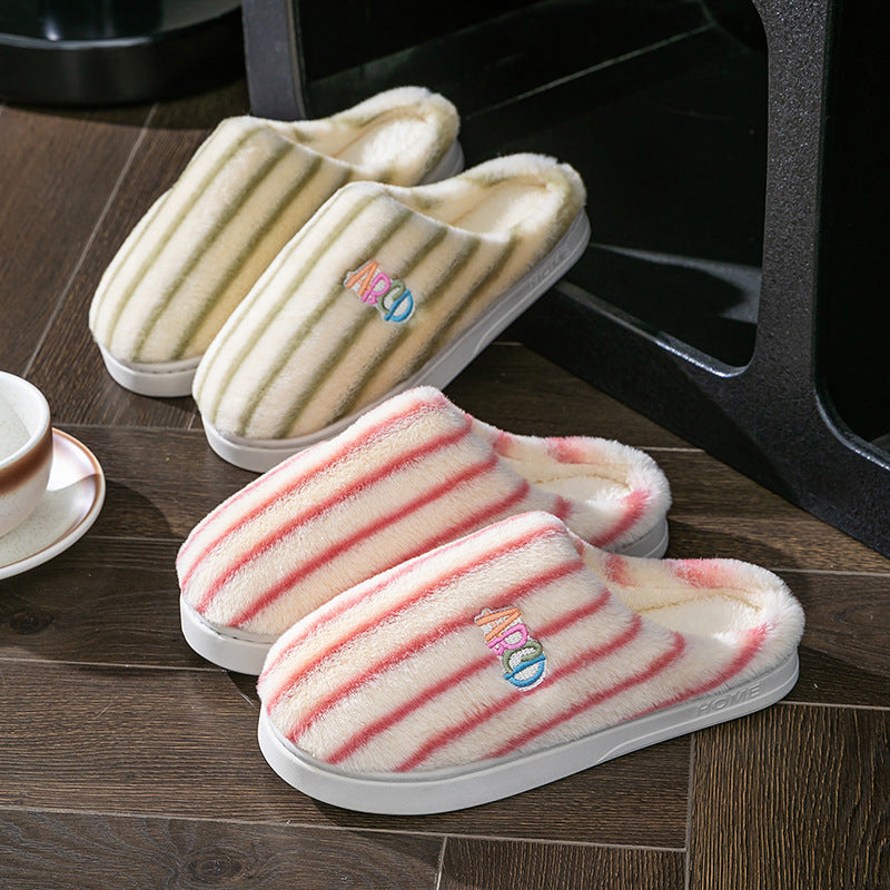 Plush Striped Letter Slippers, Winter Warm Embroidered